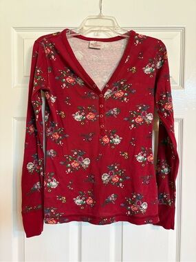 HANNA ANDERSON Red Floral Henley Long Sleeve Top 100% Organic Cotton Sz s